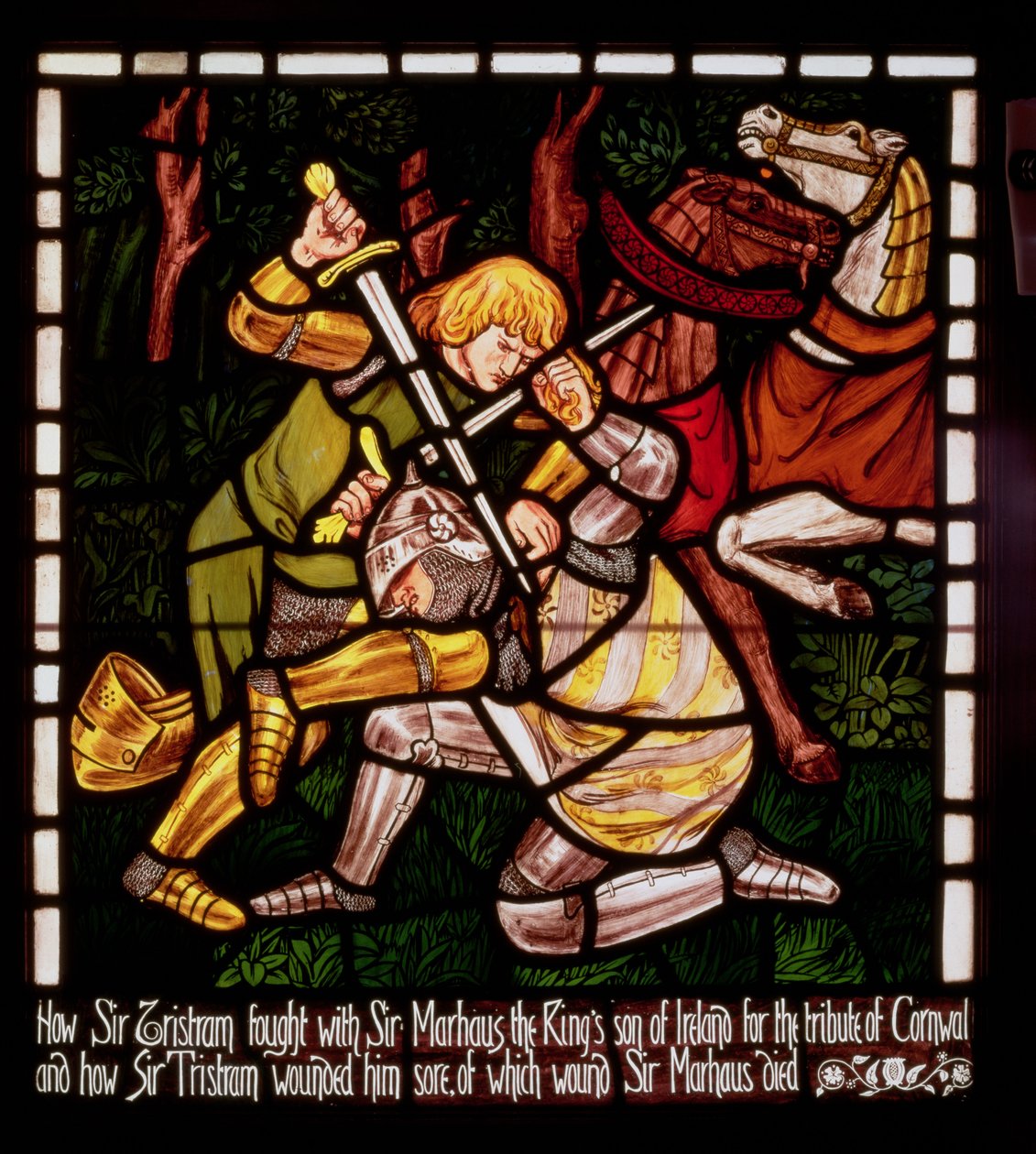 Walka z Sir Marhaltem, z „Historii Tristana i Izoldy”, William Morris und Co. (witraż) autorstwa Dante Gabriel Charles Rossetti