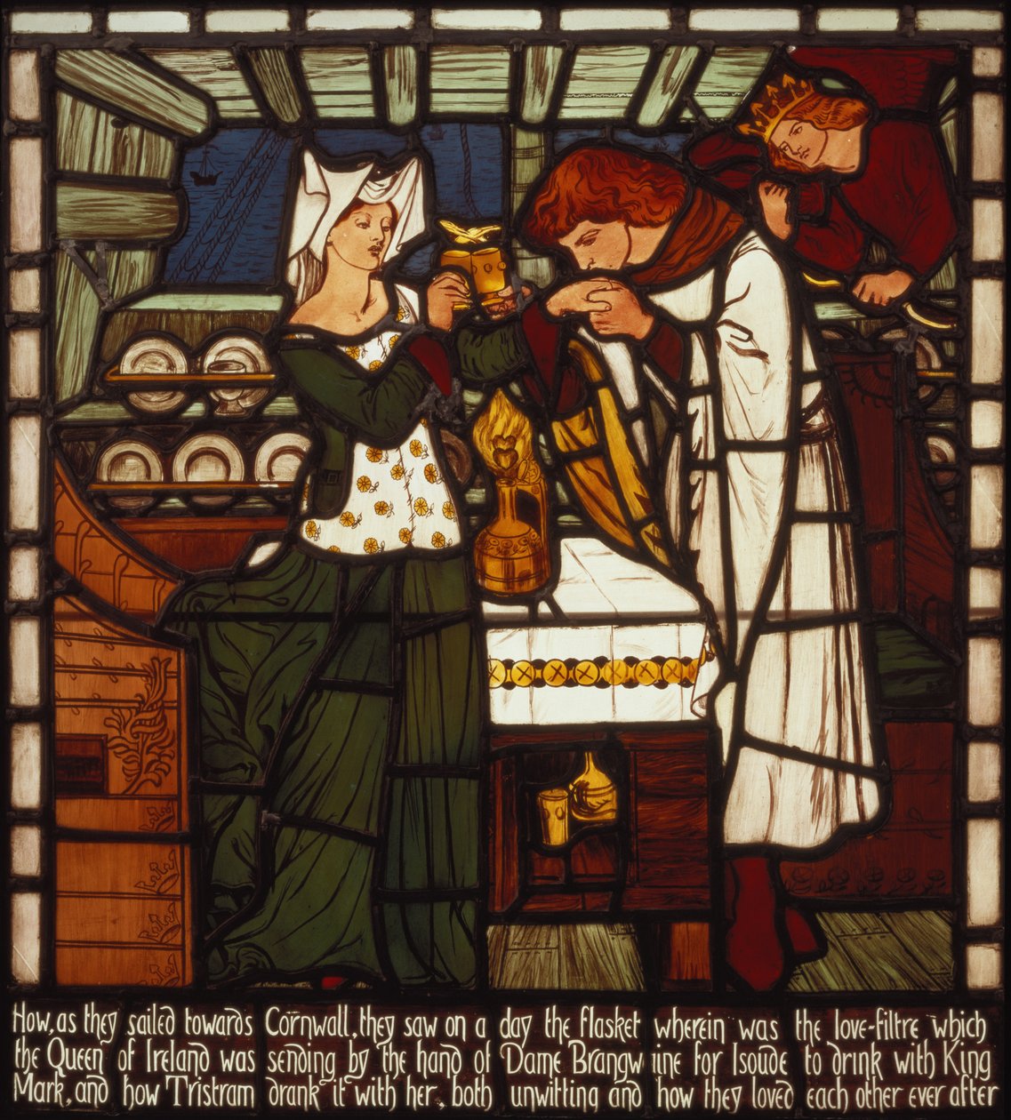 Eliksir Miłości, przeznaczony dla Izoldy Pięknej i Króla Kornwalii Marka, ale wypity przez Tristana i Izoldę Pięknej, z „Historii Tristana i Izoldy”, William Morris und Co. (witraż) autorstwa Dante Gabriel Charles Rossetti