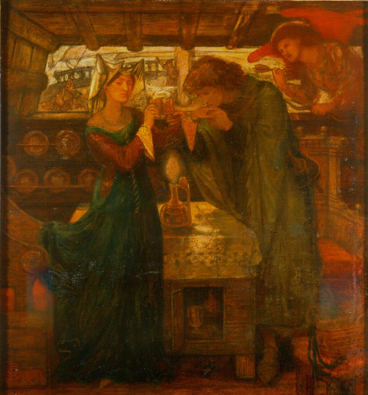 Tristram i Izolda piją napój miłosny, 1867 (media mieszane) autorstwa Dante Gabriel Charles Rossetti