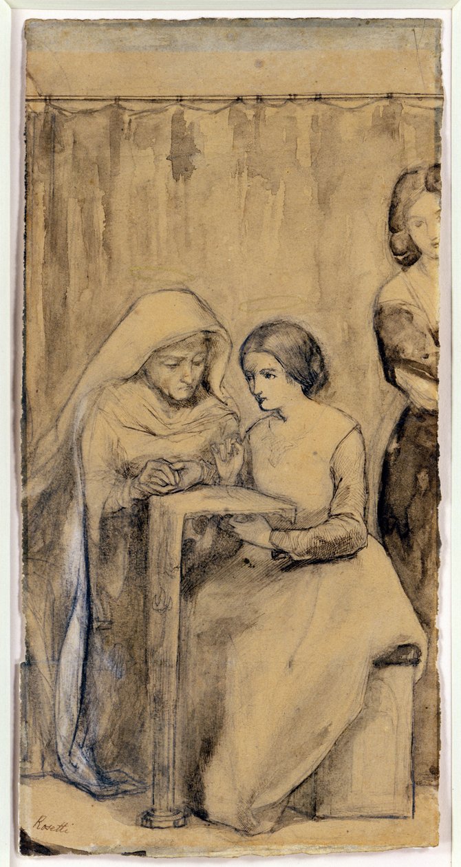 Studium dziewczęce Marii Panny (pióro i tusz i ołówek z praniem na papierze) autorstwa Dante Gabriel Charles Rossetti