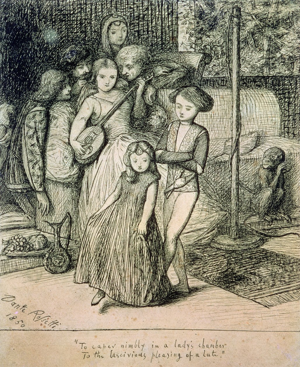 Do kaparu Zwinnie w komnacie damy do lubieżnej przyjemności lutni, 1850 (pióro i atrament na papierze) autorstwa Dante Gabriel Charles Rossetti