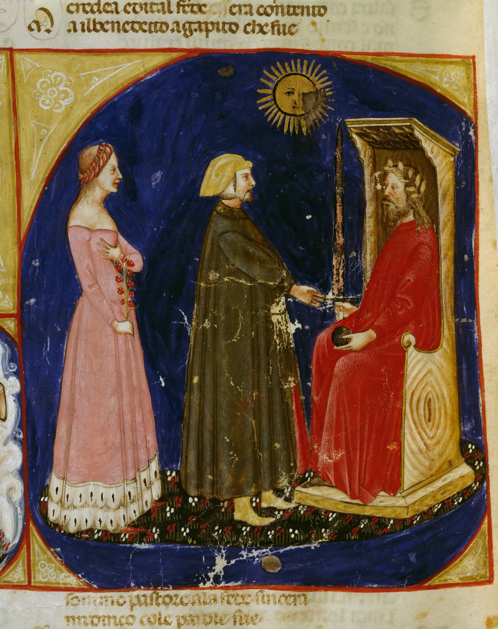 Dante i Beatrice spotykają Justyniana, scena z Raju, Pieśni VI, z Boskiej Komedii Dantego Alighieri (1265-1321), miniatura Veneto, Włochy autorstwa Dante Alighieri