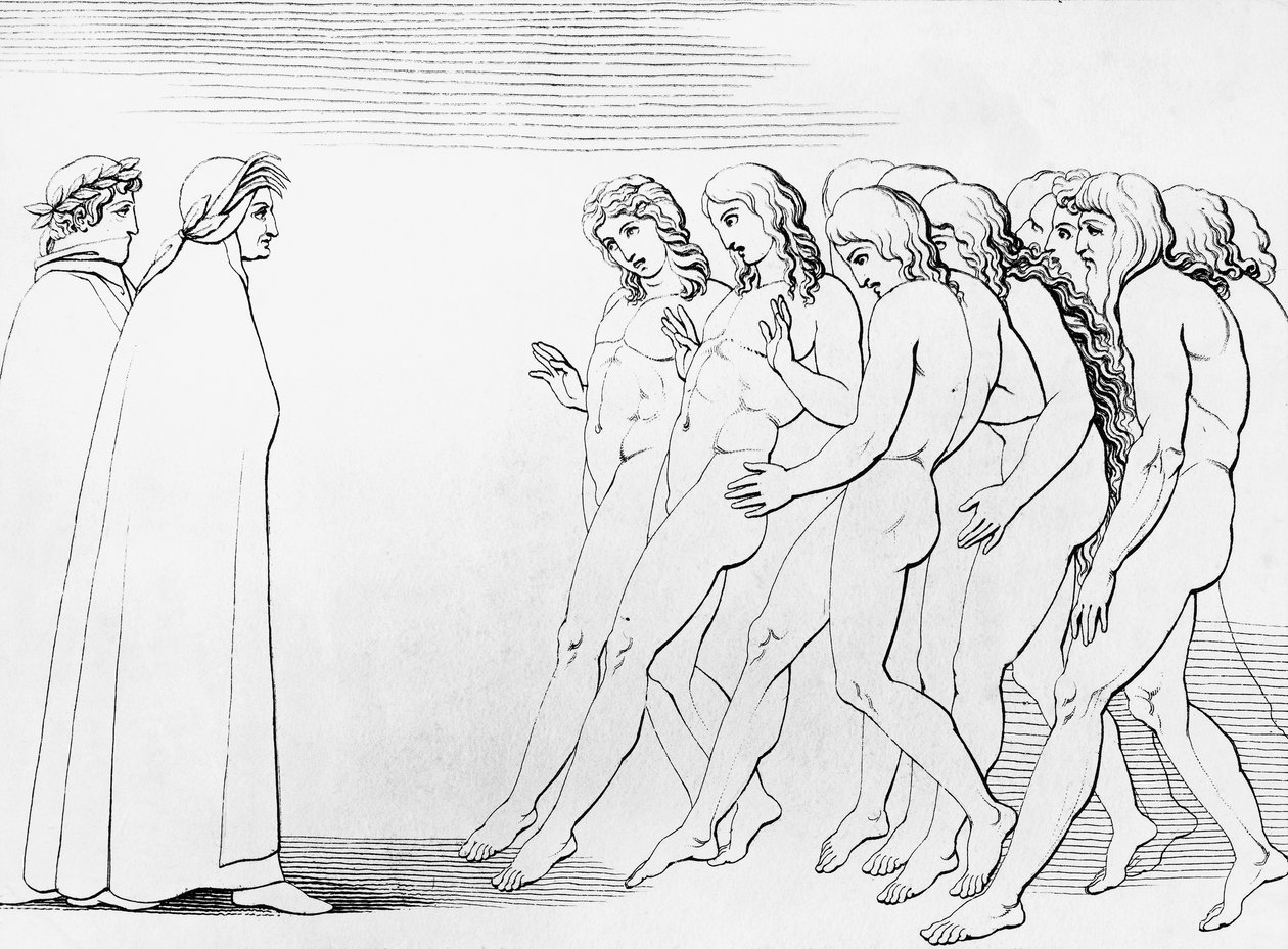 Dusze wzdrygają się, widząc, że Dante żyje, ilustracja do 3. pieśni Czyśćca, Boska komedia, alegoryczny poemat Dantego Alighieri (1265-1321) autorstwa Dante Alighieri