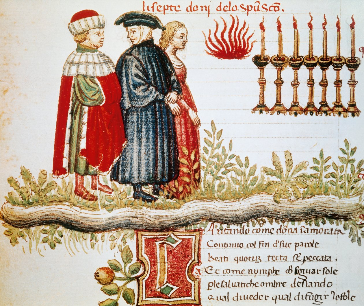 Vergilius, Dante ja Matelda, Kiirastus, Canto XXIX, valaistu sivu Divine Comedysta, Dante Alighieri (1265-1321)puola autorstwa Dante Alighieri
