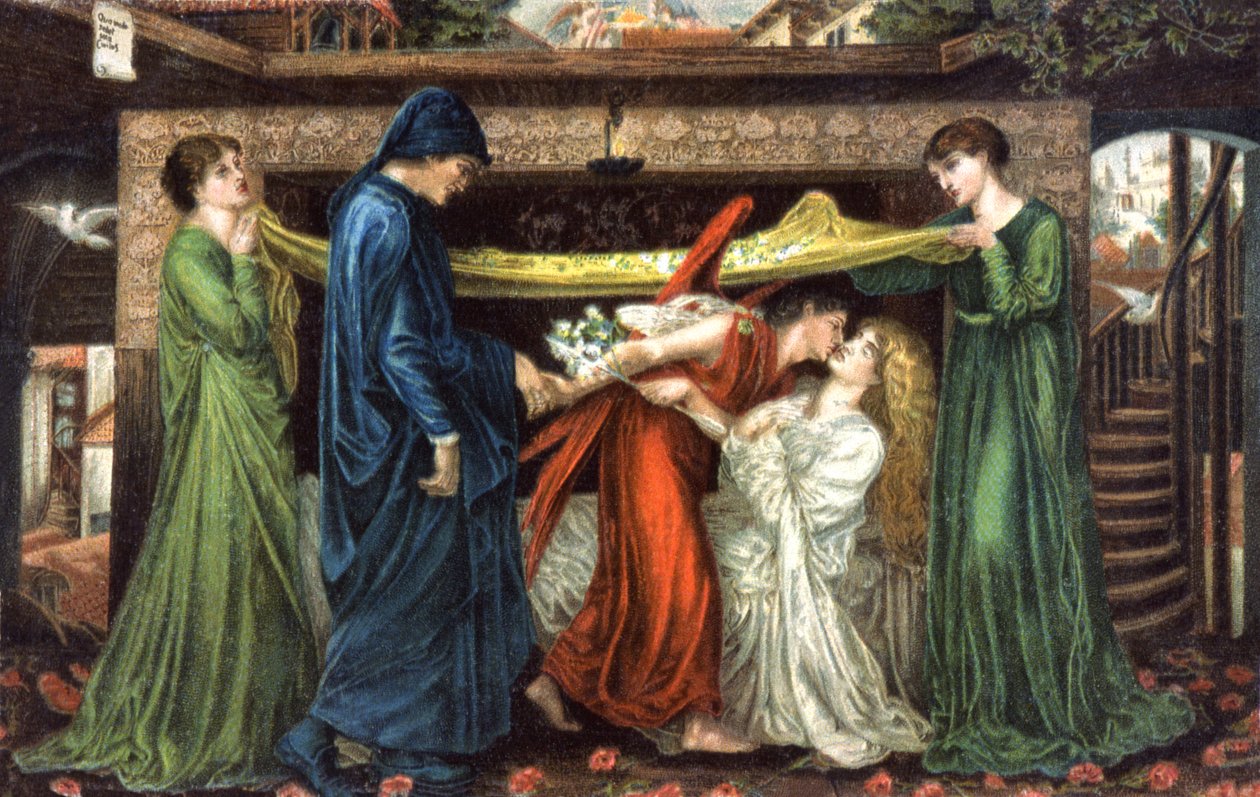 Dante Alighieri spotyka Beatrice, ok. 1900 (pocztówka) autorstwa Dante Gabriel (after) Rossetti