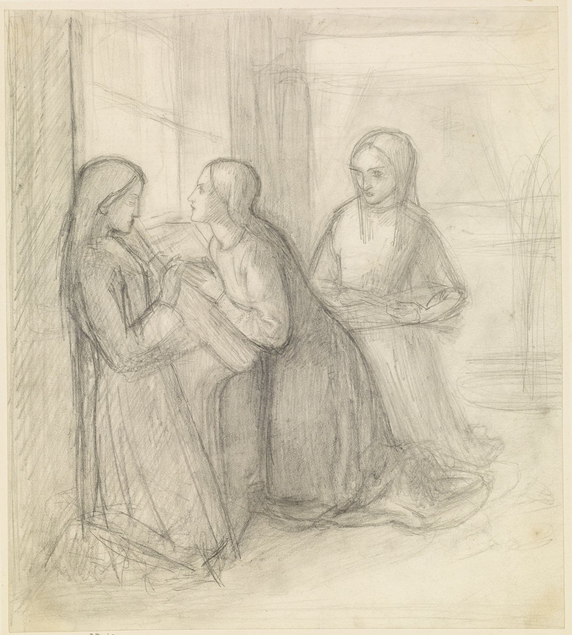 (Prawdopodobnie) klęcząca św. Elżbieta Węgierska z towarzyszkami Isentrudis i Gutą autorstwa Dante Gabriel Charles Rossetti