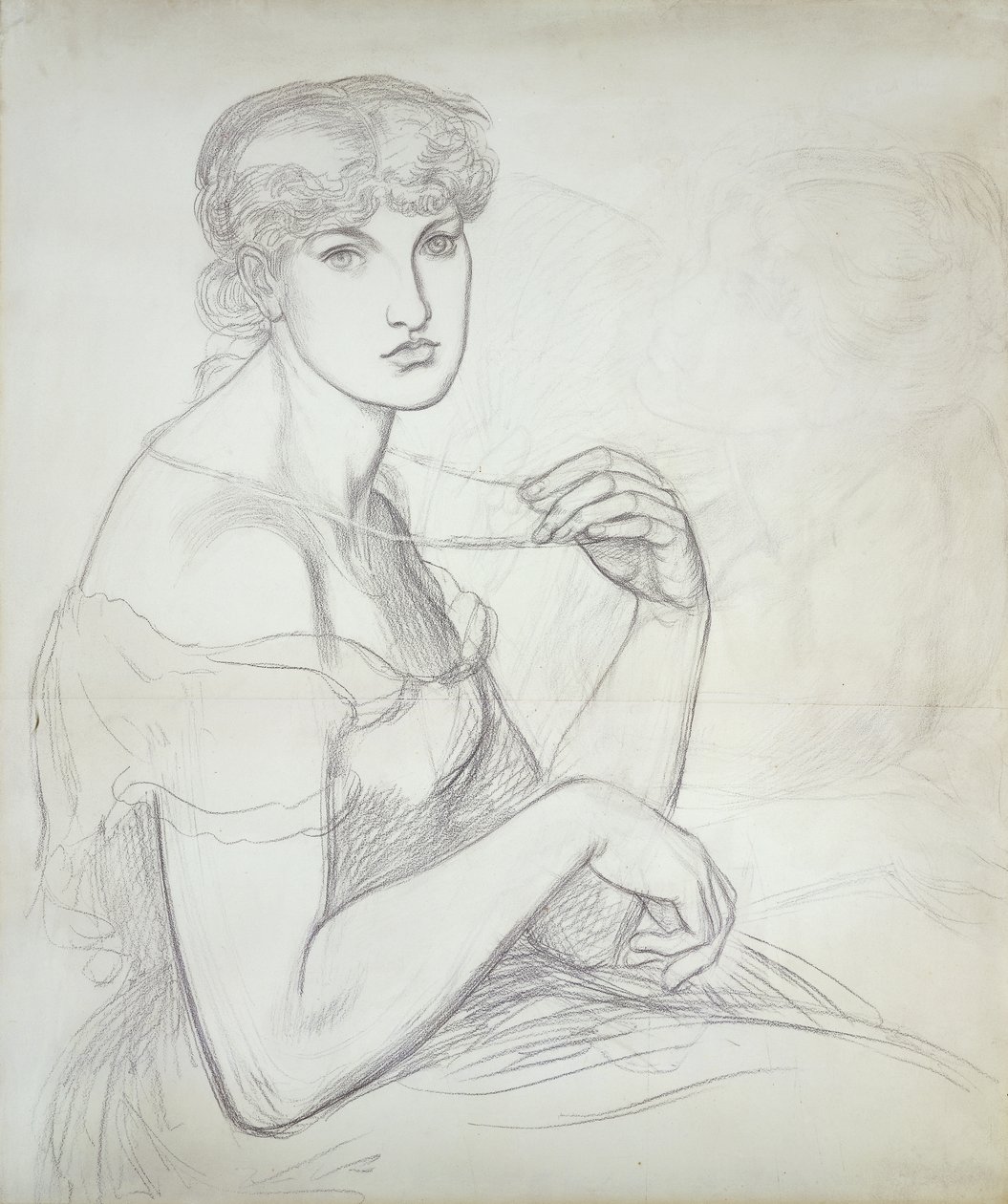 Siedząca kobieta trzymająca naszyjnik, po prawej inna postać kobieca, autorstwa Dante Gabriel Charles Rossetti