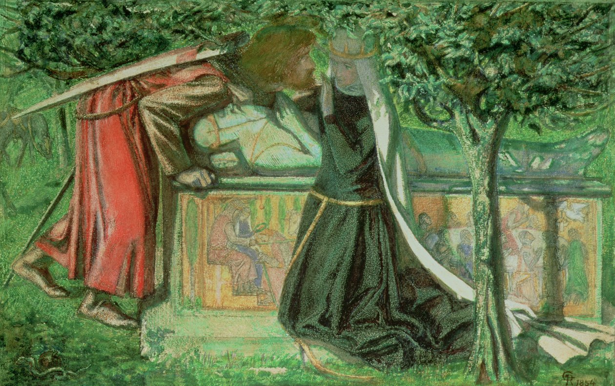 Grób Artura: Sir Launcelot rozstający się z Guenevere, 1854 (ołówek, pióro, tusz i wc na papierze) autorstwa Dante Gabriel Charles Rossetti