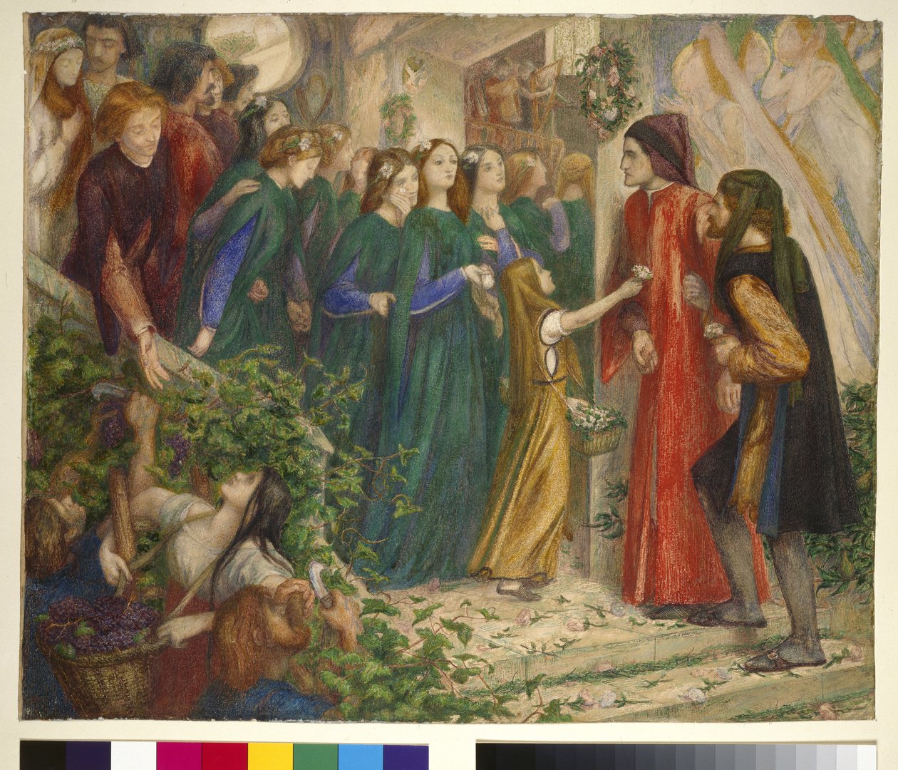 Beatrice spotykająca Dantego na uczcie weselnej odmawia mu pozdrowienia, lata 60. XIX wieku autorstwa Dante Gabriel Charles Rossetti