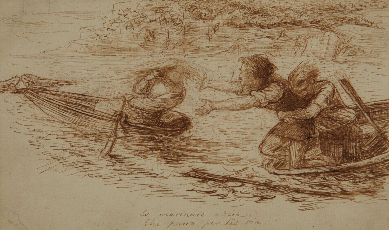 Żeglarze i syrena, ok. 1853 (pióro i tusz na papierze) autorstwa Dante Gabriel Charles Rossetti