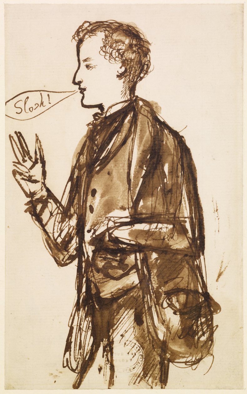 Karykatura Johna Everetta Millaisa, c.1851-53 (pióro i atrament oraz pranie na papierze) autorstwa Dante Gabriel Charles Rossetti