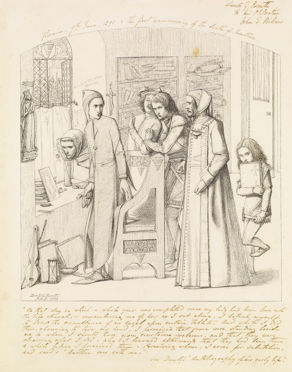 Dante rysujący anioła w pierwszą rocznicę śmierci Beatrice, 1848-9 autorstwa Dante Gabriel Charles Rossetti