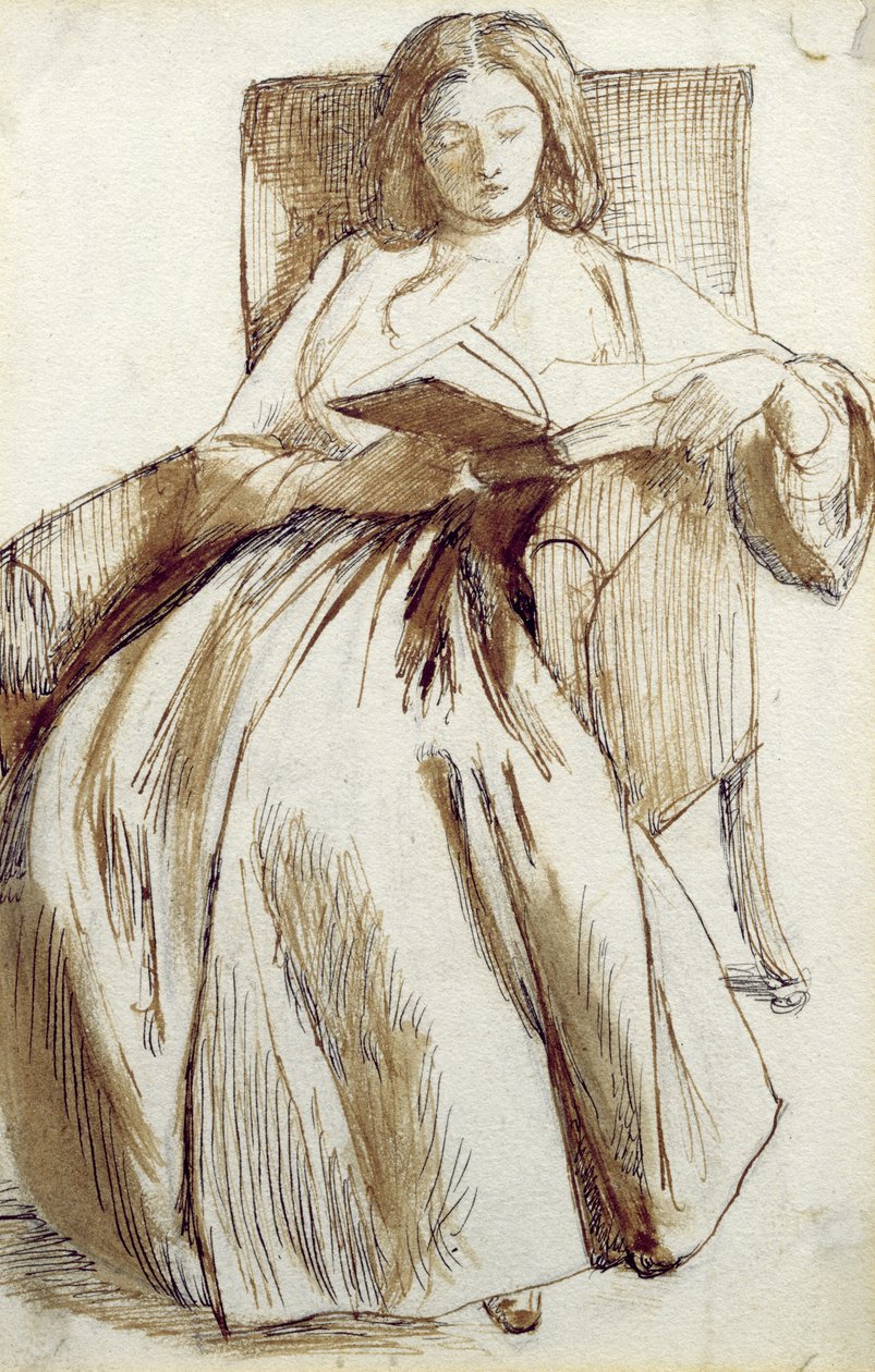 Elizabeth Siddal czyta książkę (pióro i atrament i pranie) autorstwa Dante Gabriel Charles Rossetti