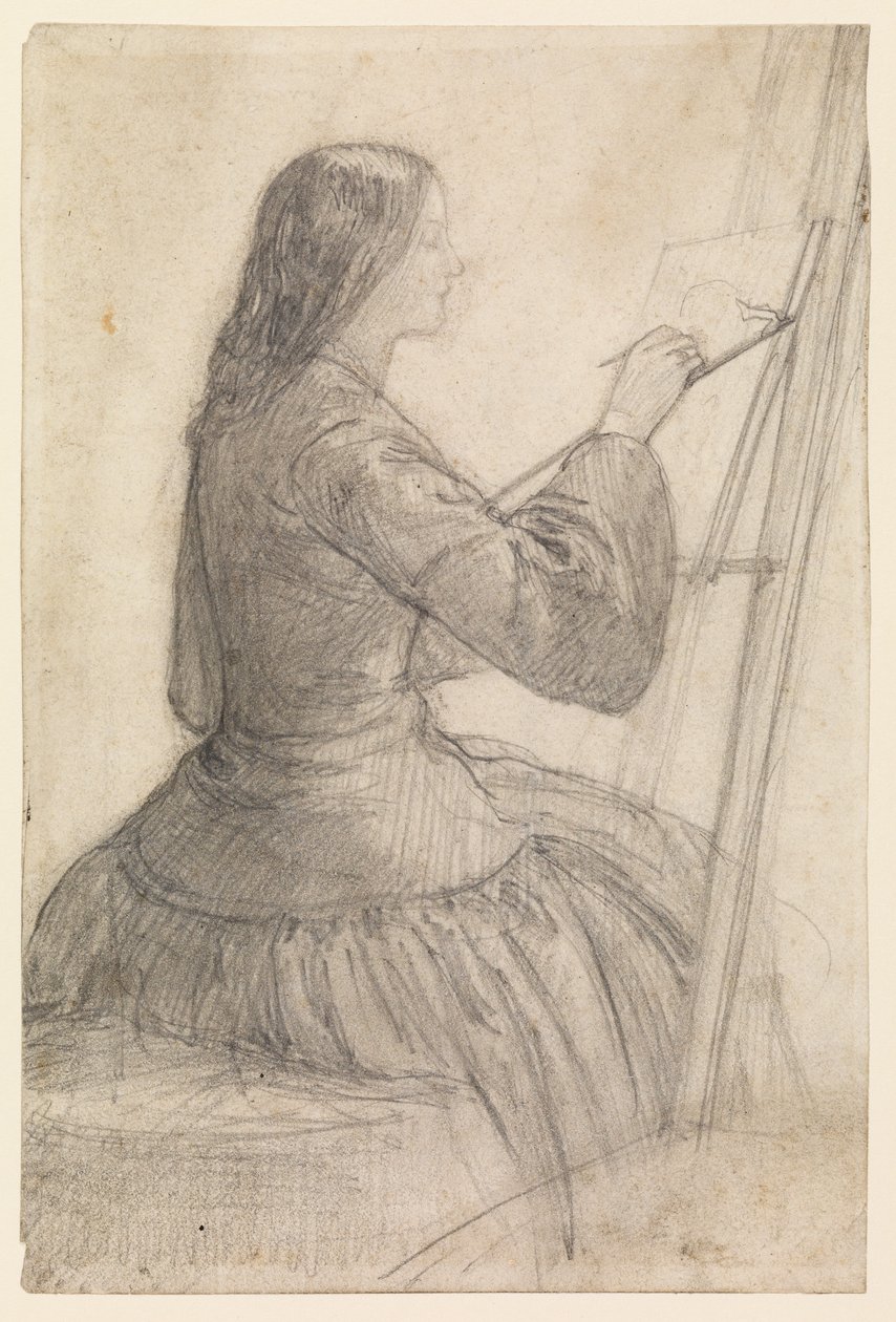 Elizabeth Siddal siedząca przy sztalugach, obraz, 1854-55 ok autorstwa Dante Gabriel Charles Rossetti