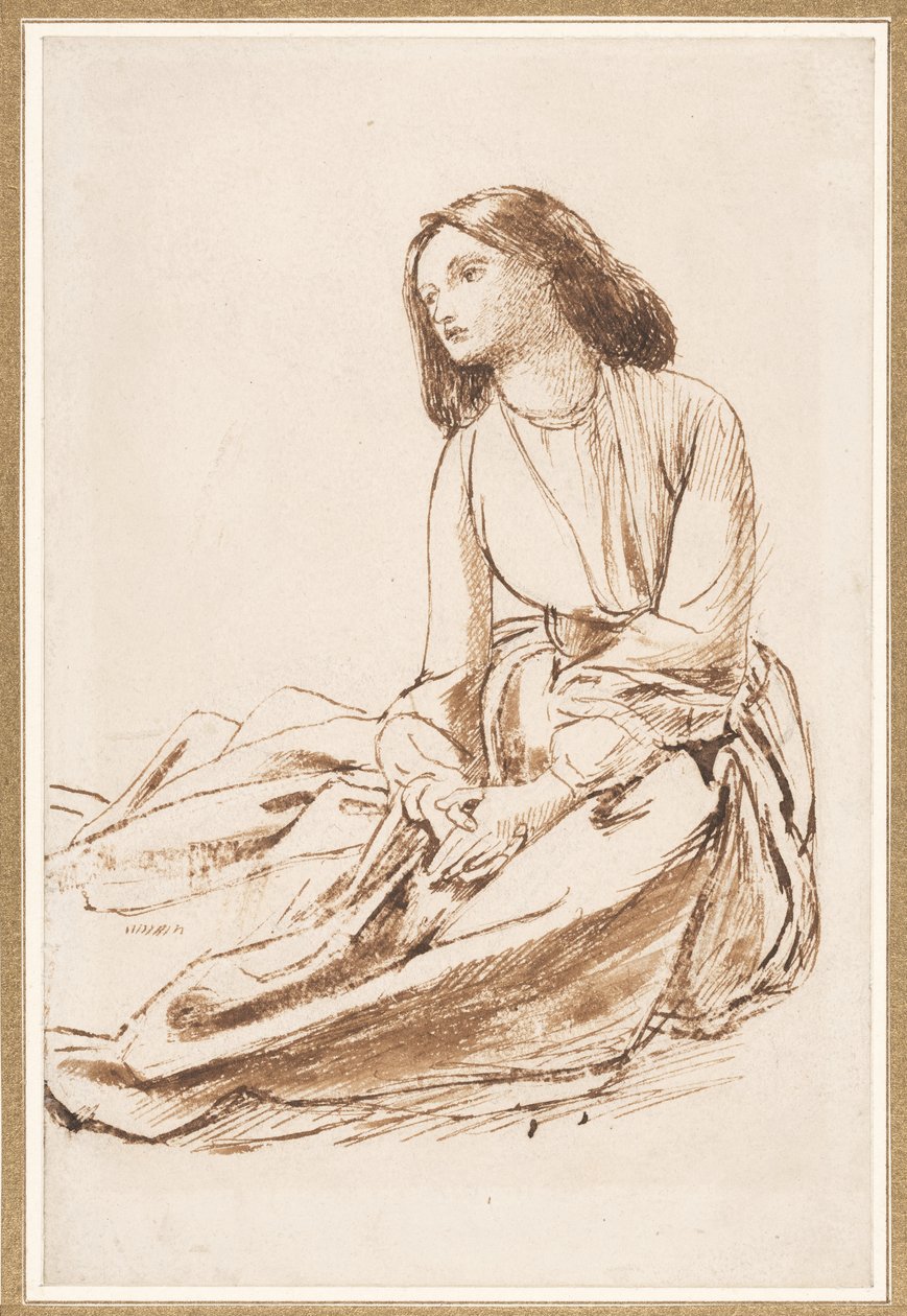 Elizabeth Siddal, siedząca na ziemi (pióro, sepia i wash na papierze) autorstwa Dante Gabriel Charles Rossetti
