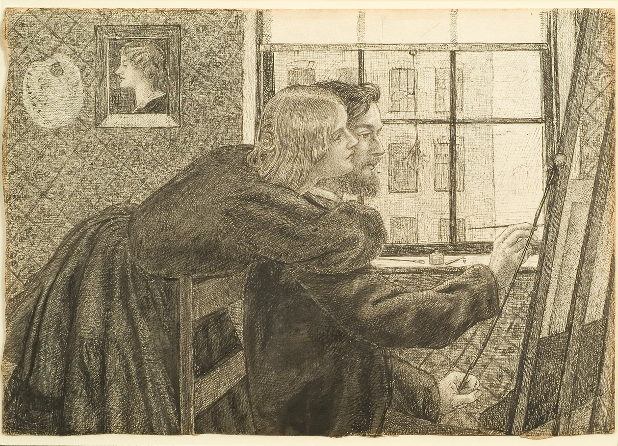 GP Boyce z Fanny Cornforth w Rossettis Studio, Chatham Place, ok. 1858 (tusz na papierze) autorstwa Dante Gabriel Charles Rossetti