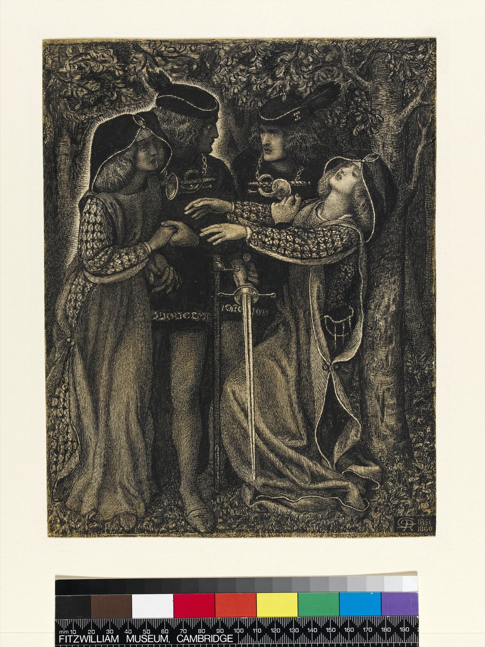 Jak się poznali, ok. 185060 (pióro i atrament indyjski) (patrz także 63161) autorstwa Dante Gabriel Charles Rossetti