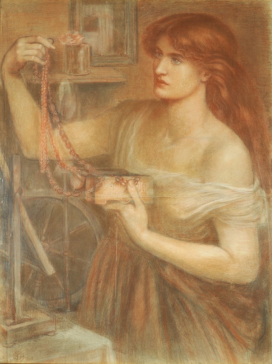 Zmartwychwstały o świcie - Gretchen Discovering Fausts Jewels , 1868 (kreda na papierze) autorstwa Dante Gabriel Charles Rossetti
