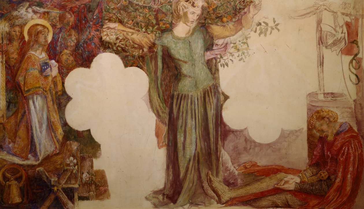 Sir Lancelot przez swój grzech uniemożliwił wejście do Kaplicy Świętego Graala autorstwa Dante Gabriel Charles Rossetti