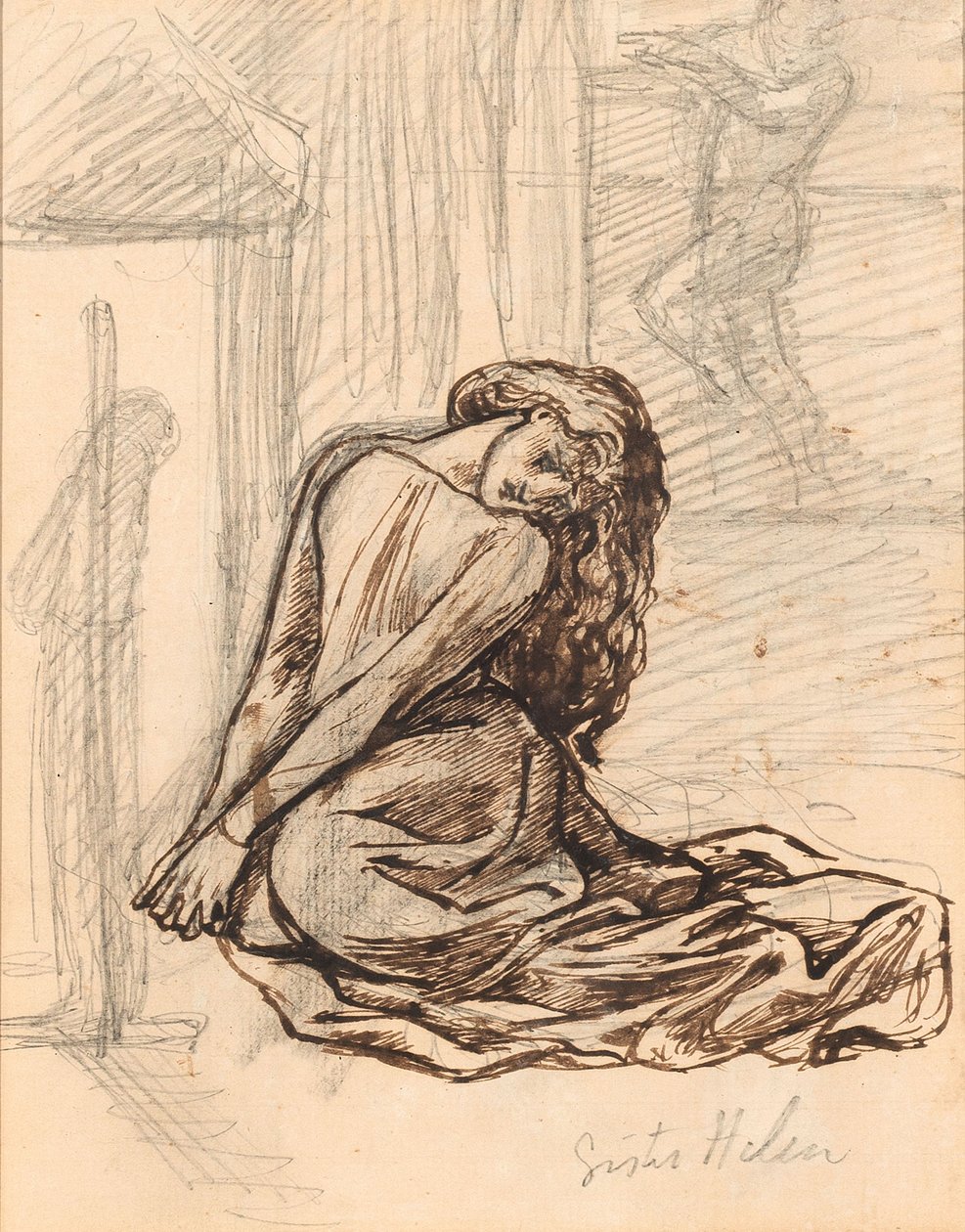 Irmã Helen, c.1870 (grafite e tinta marrom sobre papel montado a bordo)polonês autorstwa Dante Gabriel Charles Rossetti