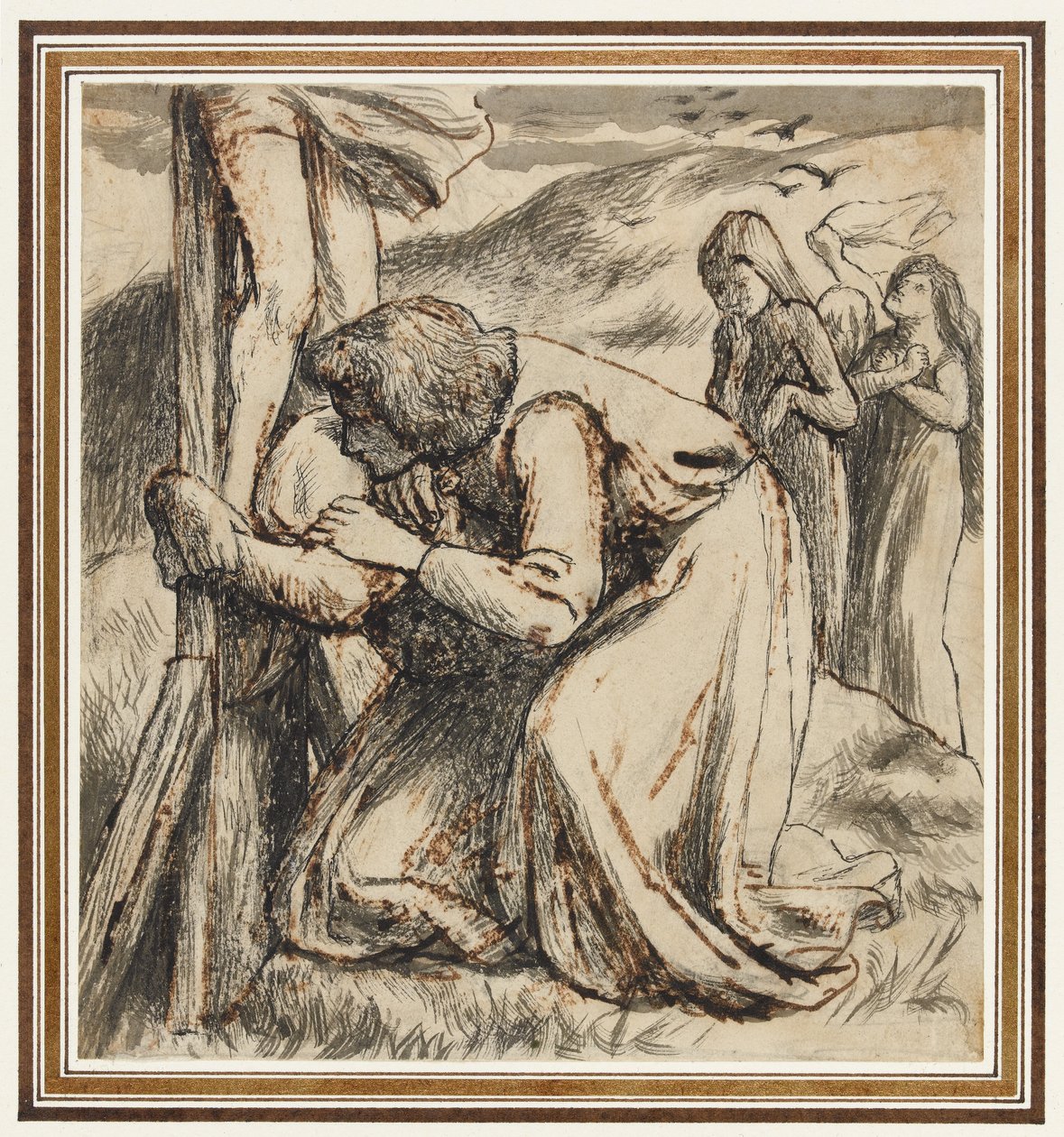 Jan pocieszający Dziewicę u stóp krzyża, ok. 1857-58 (pióro, tusz indyjski i sepia na papierze) autorstwa Dante Gabriel Charles Rossetti