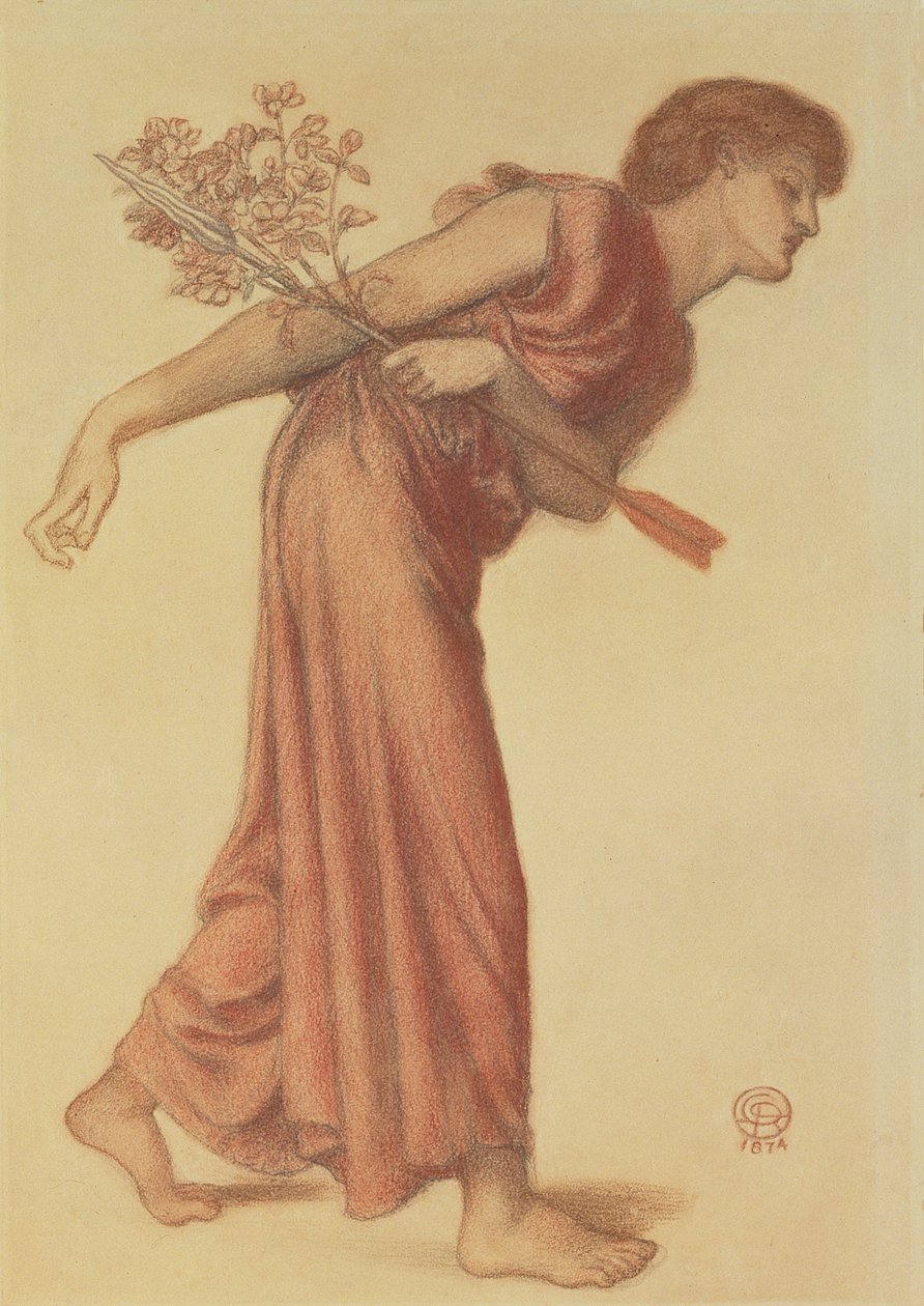 Studium do figury miłości we śnie Dantego w chwili śmierci Beatrice, 1874 (czarna i czerwona kredka na zielonym papierze) autorstwa Dante Gabriel Charles Rossetti