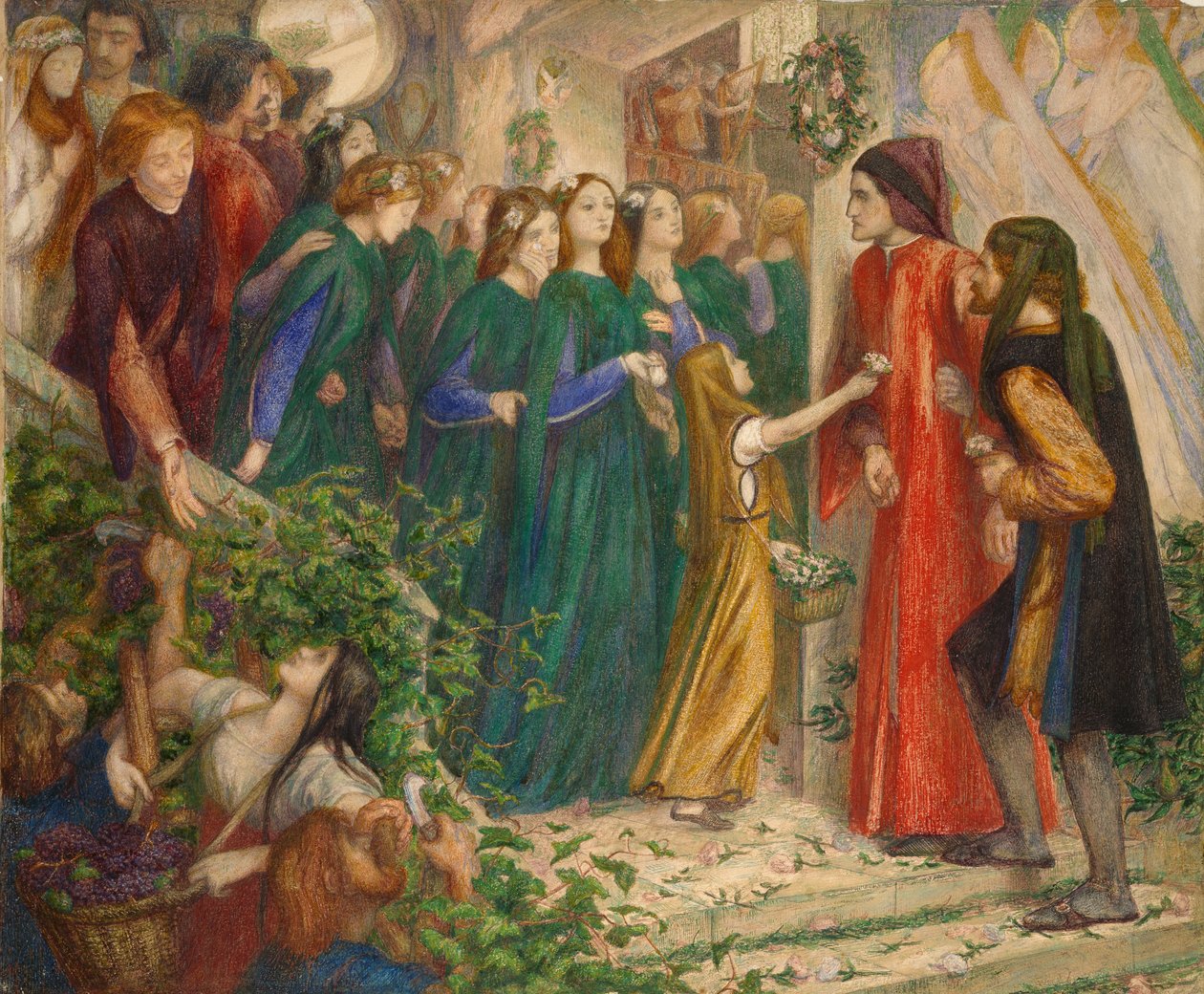 Beatrycze na uczcie weselnej odmawiając jej Pozdrowienie Dantem, 1851-1855 autorstwa Dante Gabriel Rossetti