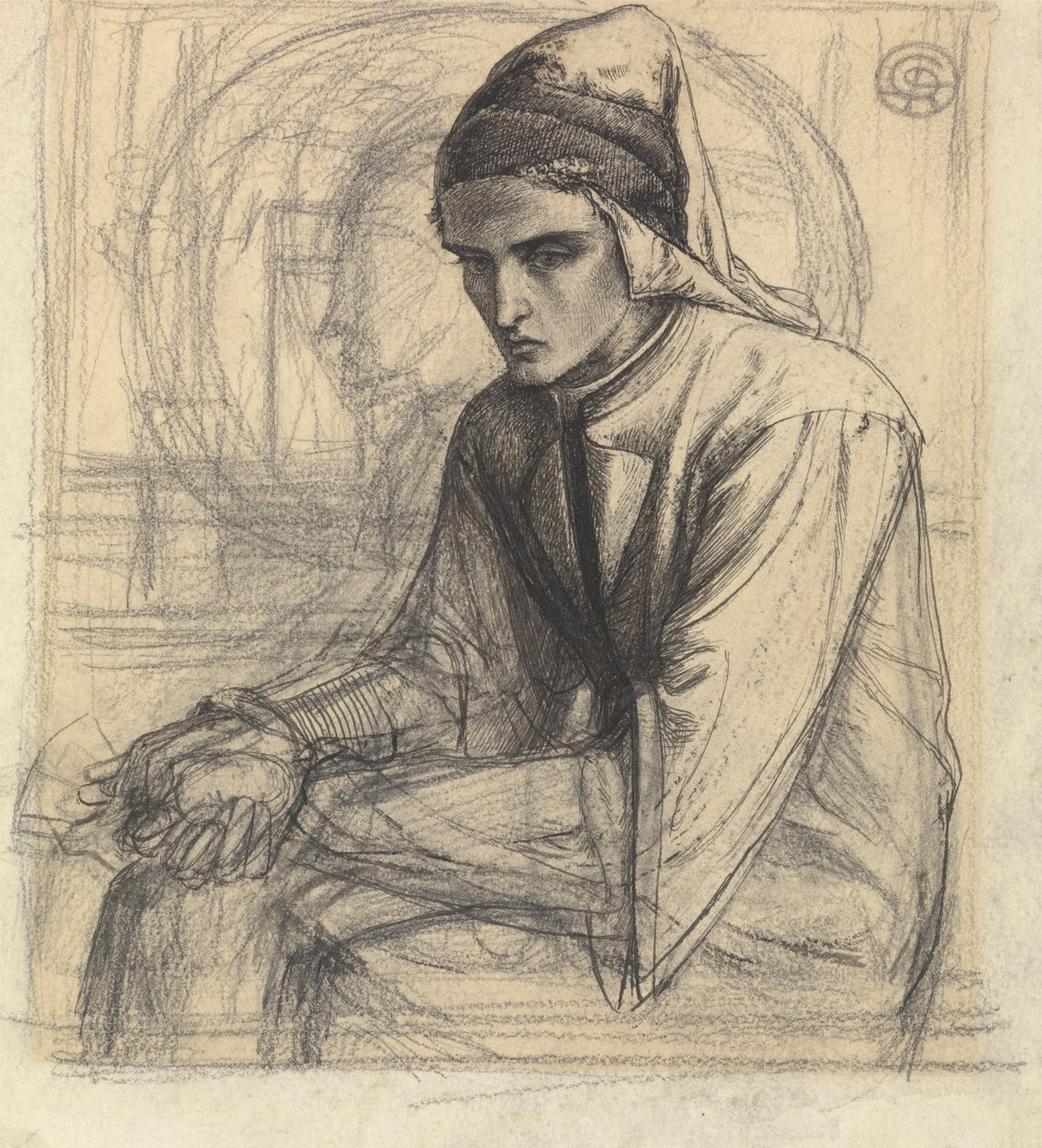 Dante w medytacji trzymający granat autorstwa Dante Gabriel Rossetti