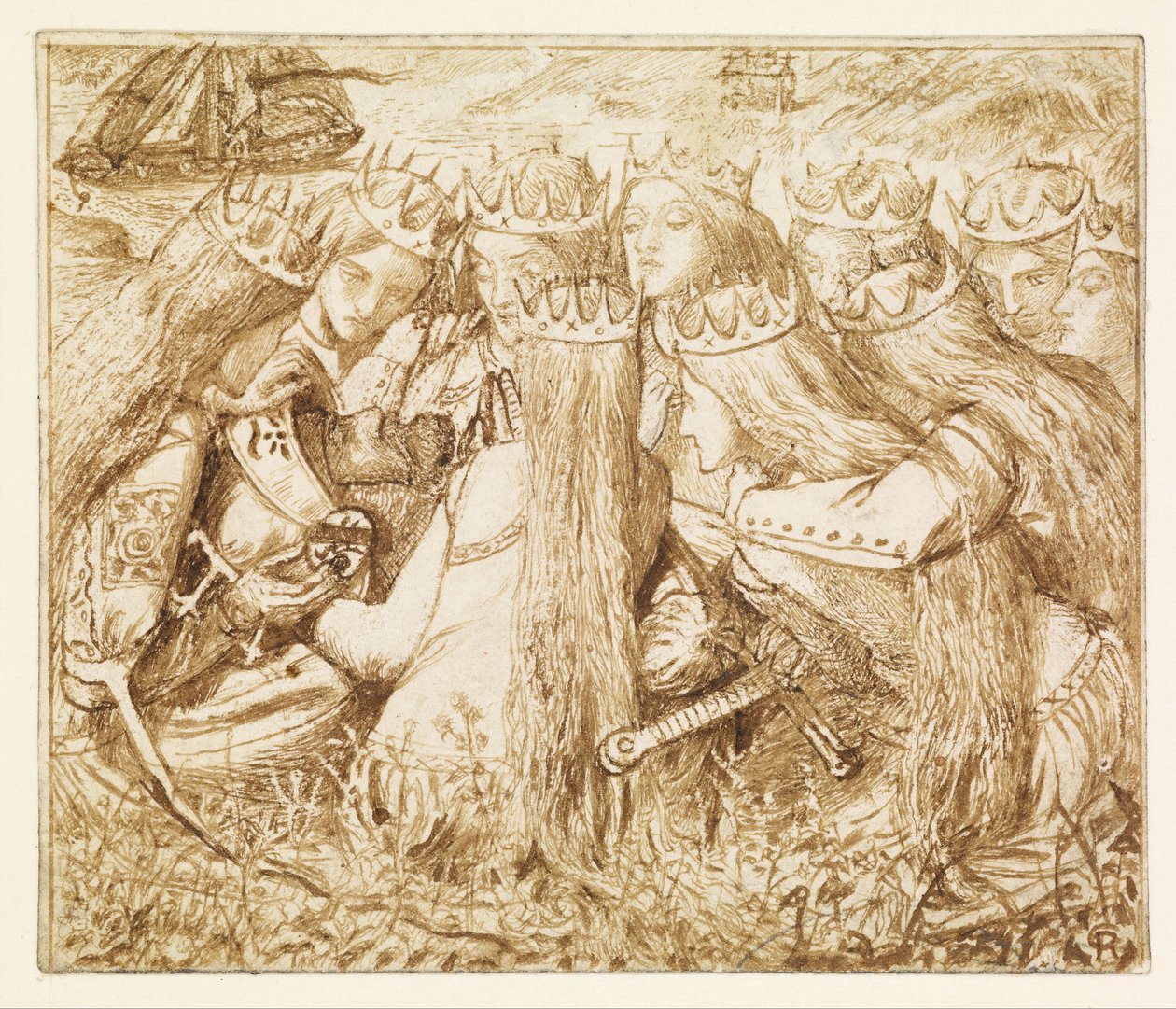 Projekt dla „Tennysona” Moxona – Król Artur i Płaczące Królowe autorstwa Dante Gabriel Rossetti