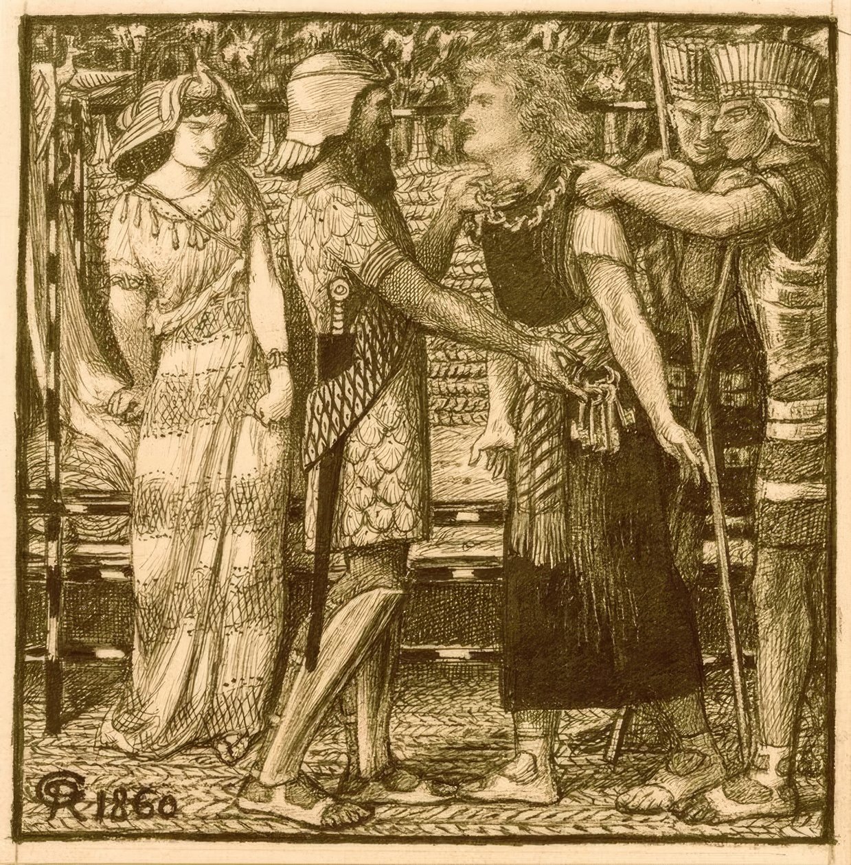 Józef oskarżony przed Potyfarem autorstwa Dante Gabriel Charles Rossetti