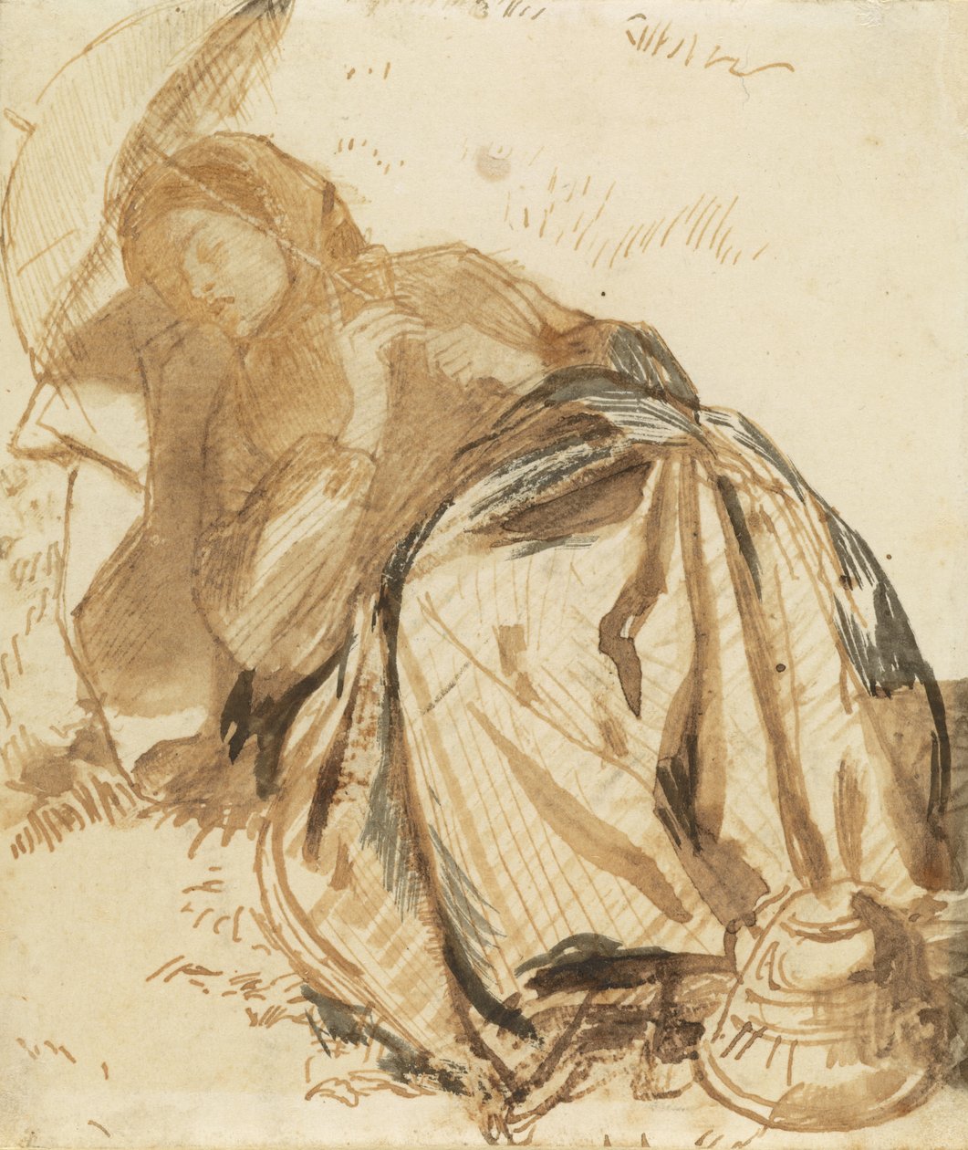 Portret Elizabeth Siddal odpoczywającej i trzymającej parasol autorstwa Dante Gabriel Rossetti