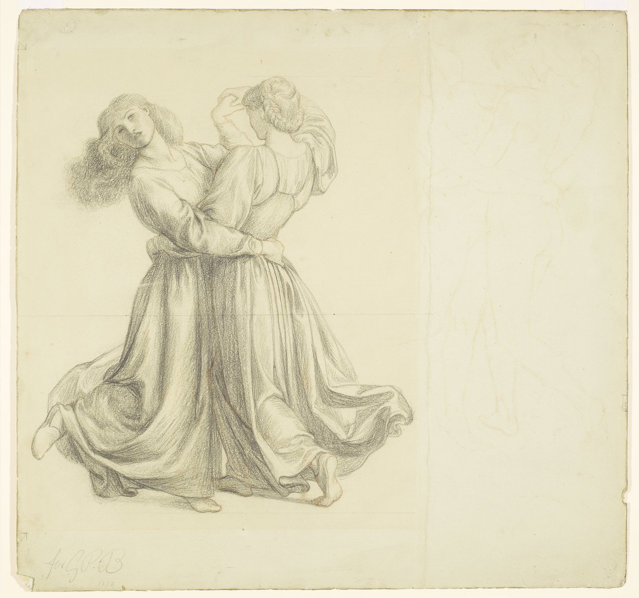 The Bower Meadow - Studium draperii dla tańczących dwóch dziewcząt autorstwa Dante Gabriel Rossetti