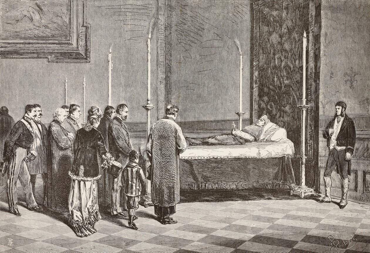 Ciało kardynała Giacomo Antonelliego leżące w stanie w jednym z pomieszczeń Watykanu, rycina z rysunku Dantego Paolocciego z L