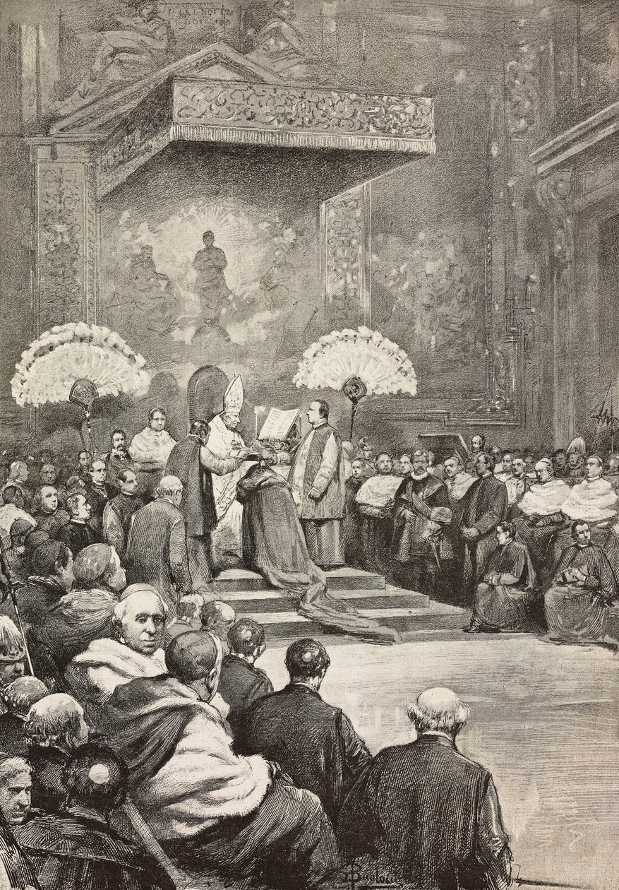 Konsystorz 13 listopada, papież Leon XIII, gdzie mianował nowych kardynałów, Watykan, rycina na podstawie rysunku Dantego Paolocciego, z L