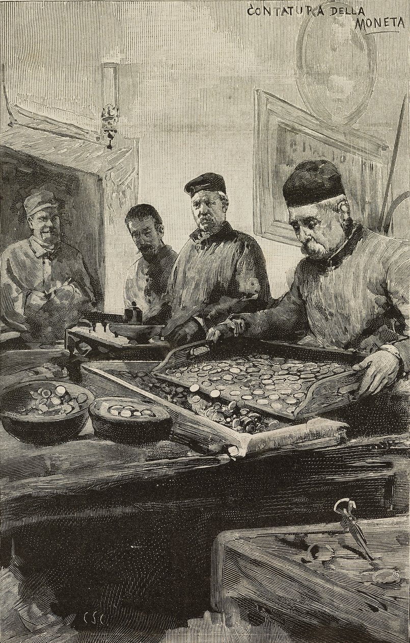 Liczenie monet w mennicy rzymskiej, Włochy, rycina według rysunku Dantego Paolocciego, z L