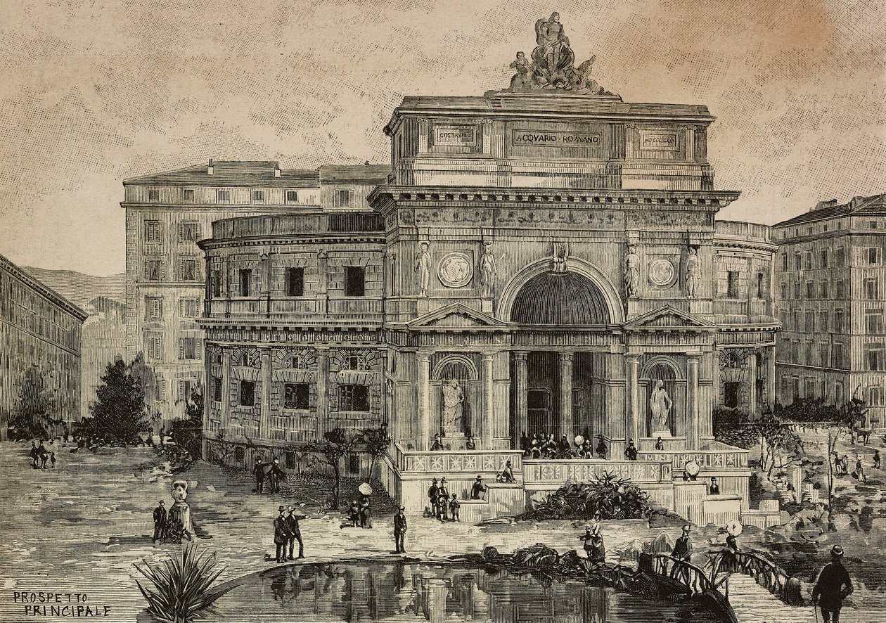 Duże akwarium na Piazza Manfredo Fanti zostało otwarte 29 stycznia w Rzymie, Włochy, rycina G Gamberoniego na podstawie rysunku Dantego Paolocciego, z L