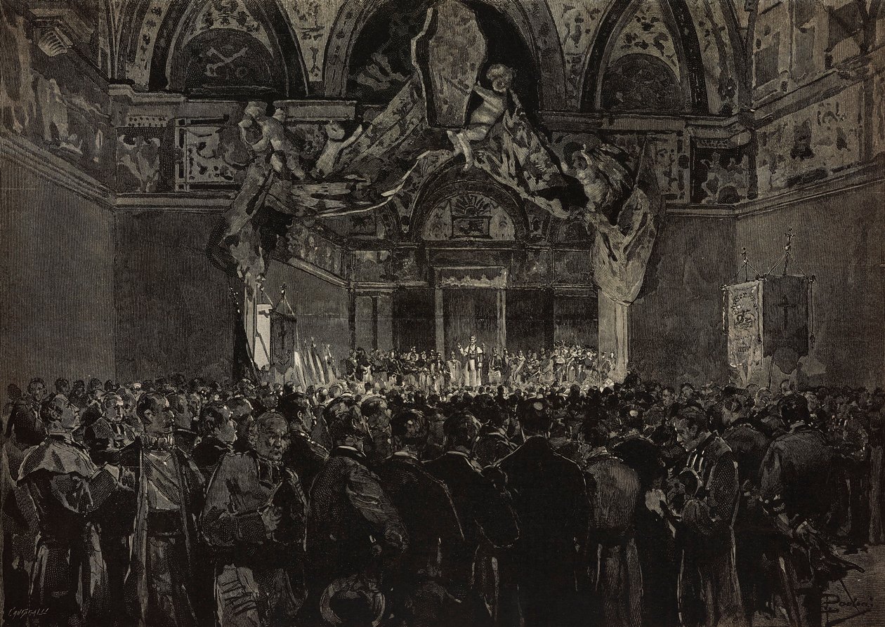 Leon XIII przyjmujący francuskich pielgrzymów w Sali Książęcej, Jubileusz Papieski, Watykan, rycina na podstawie rysunku Dantego Paolocciego, z L
