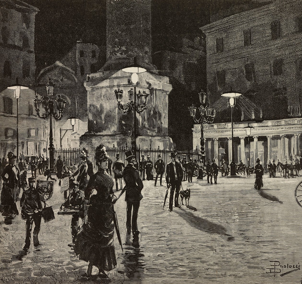 Piazza Colonna oświetlona światłem elektrycznym, Rzym, Włochy, rysunek: Dante Paolocci, rycina z L