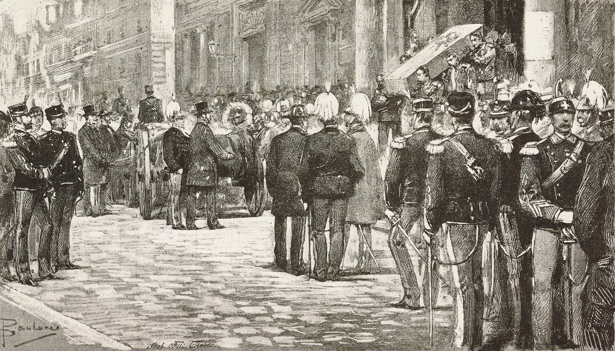 Politycy i oficerowie uczestniczący w procesji pogrzebowej Luigiego Mezzacapo (1814-1885), włoskiego polityka i oficera, Rzym, Włochy, rycina z rysunku Dantego Paolocciego, z L