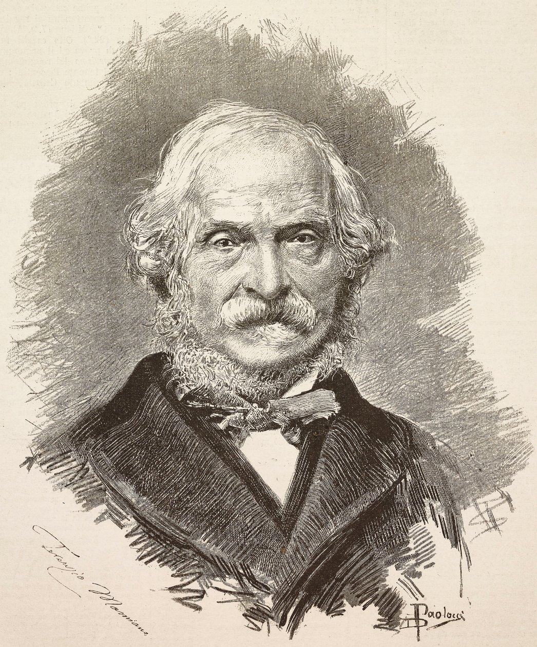 Portret Terenzia Mamianiego (1799-1885), włoskiego polityka i pisarza, rycina z rysunku Dantego Paolocciego i fotografii Della Valle, z L