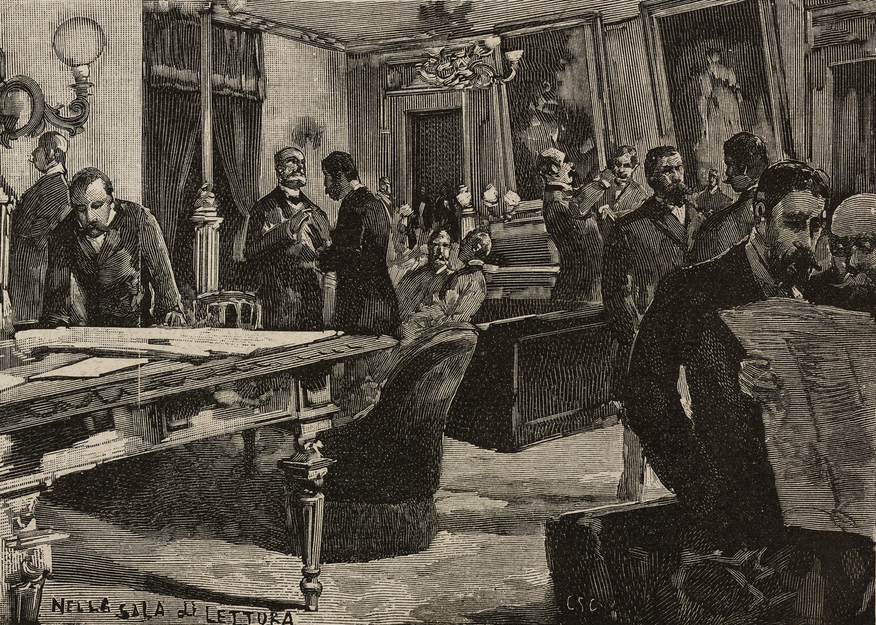 Czytelnia w Palazzo Montecitorio, Rzym, Włochy, rycina według rysunku Dantego Paolocciego, z L