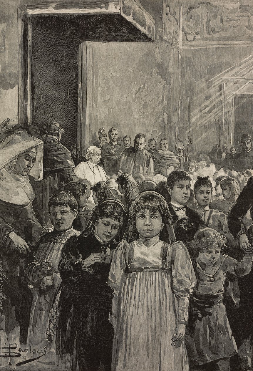 Przyjęcie dzieci na uroczystościach jubileuszowych Papieża Leona XIII, Watykan, rycina według rysunku Dantego Paolocciego, z L