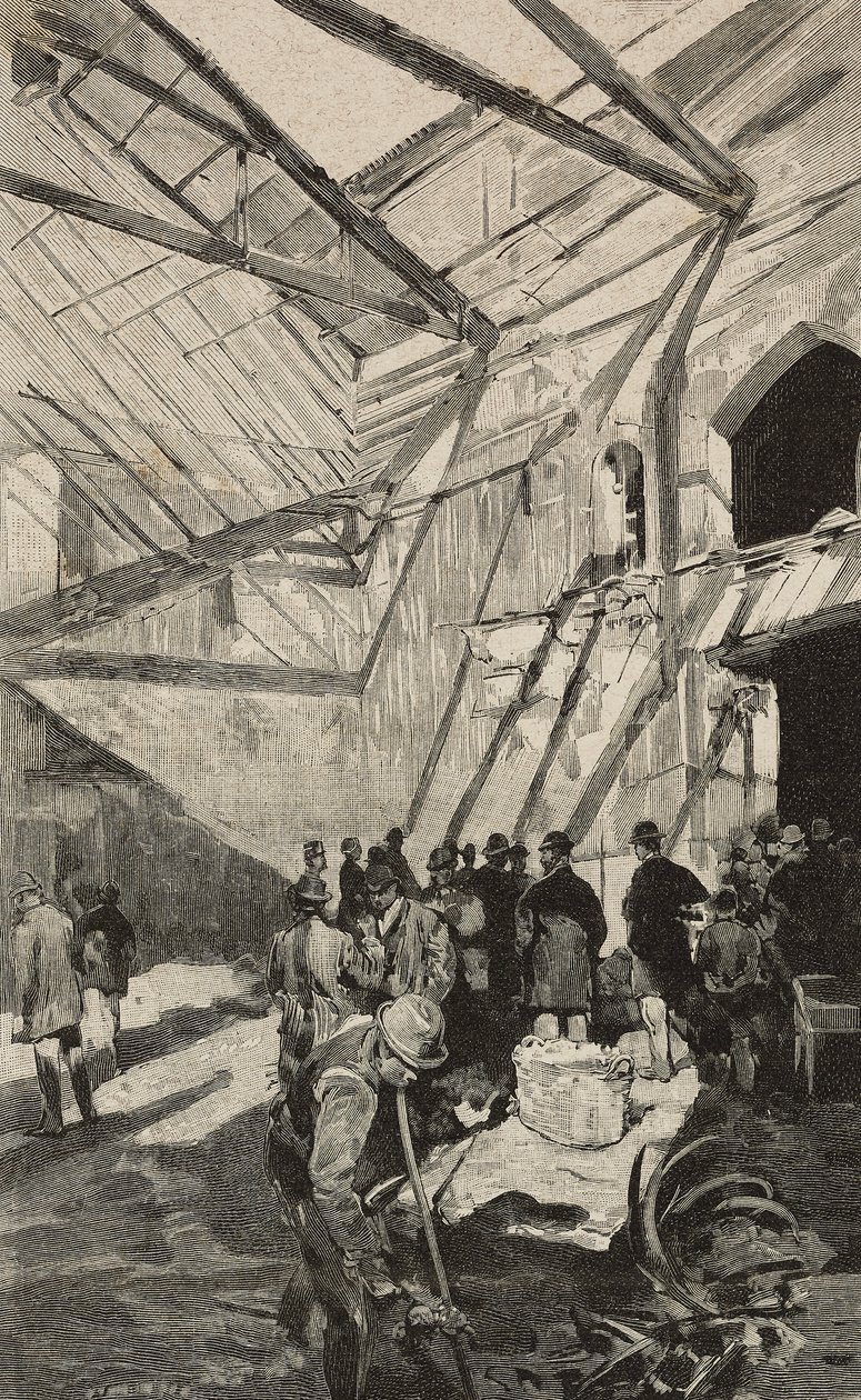 Pozostałości Teatru Izraelskiego po pożarze w 1893 r., Rzym, Włochy, rycina według rysunku Dantego Paolocciego, z L