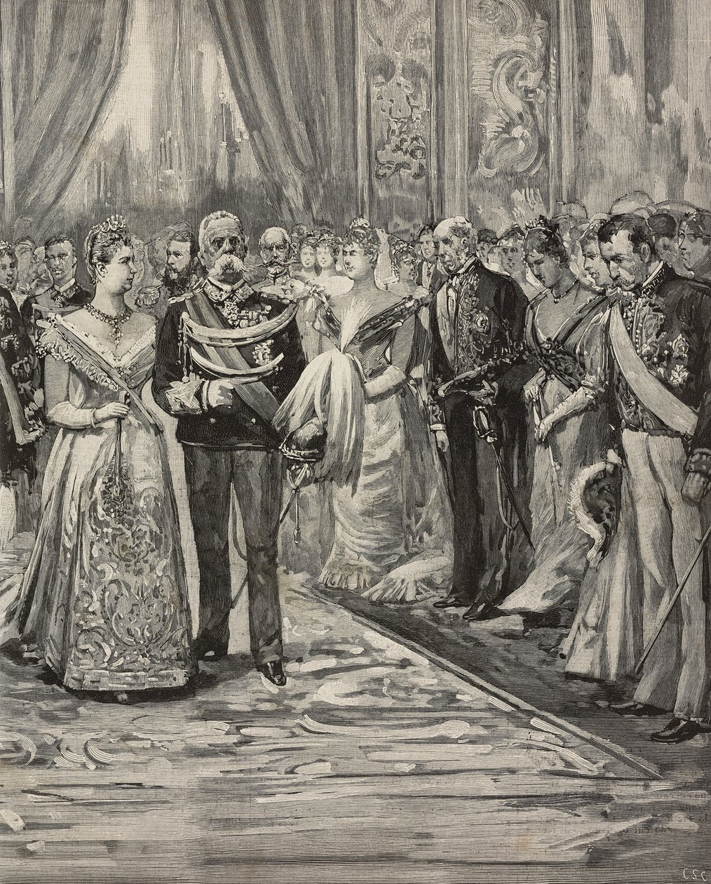 Umberto I i Małgorzata Sabaudii na koncercie z okazji ich srebrnego ślubu, Palazzo del Quirinale, Rzym, Włochy, rycina według rysunku Dantego Paolocciego, z L