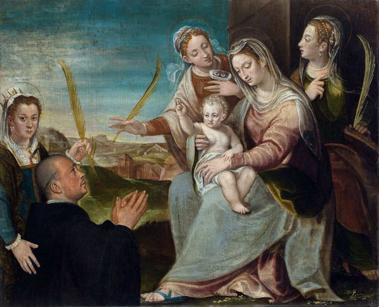 Dziewica z Dzieciątkiem ze św. Katarzyną, św. Łucją, św. Justyną z Padwy i mnichem benedyktyńskim - Obraz Dario Varotari Starszego (1539-1596), olej na płótnie autorstwa Dario the Elder Varotari