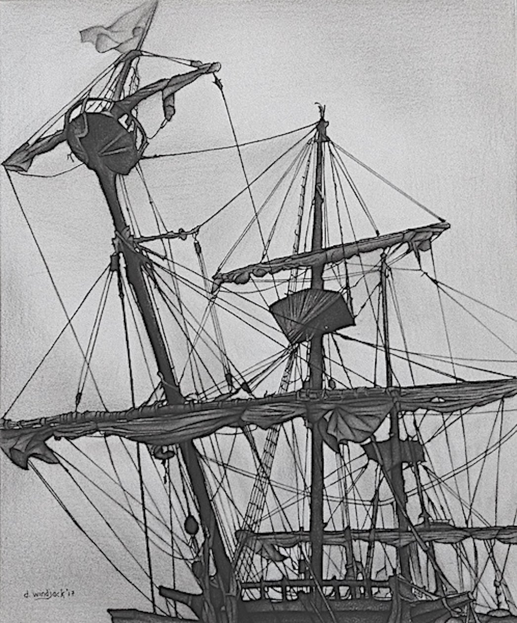 Upiorny galeon, 2017 (ołówek, tusz na papierze) autorstwa Darrell Windjack