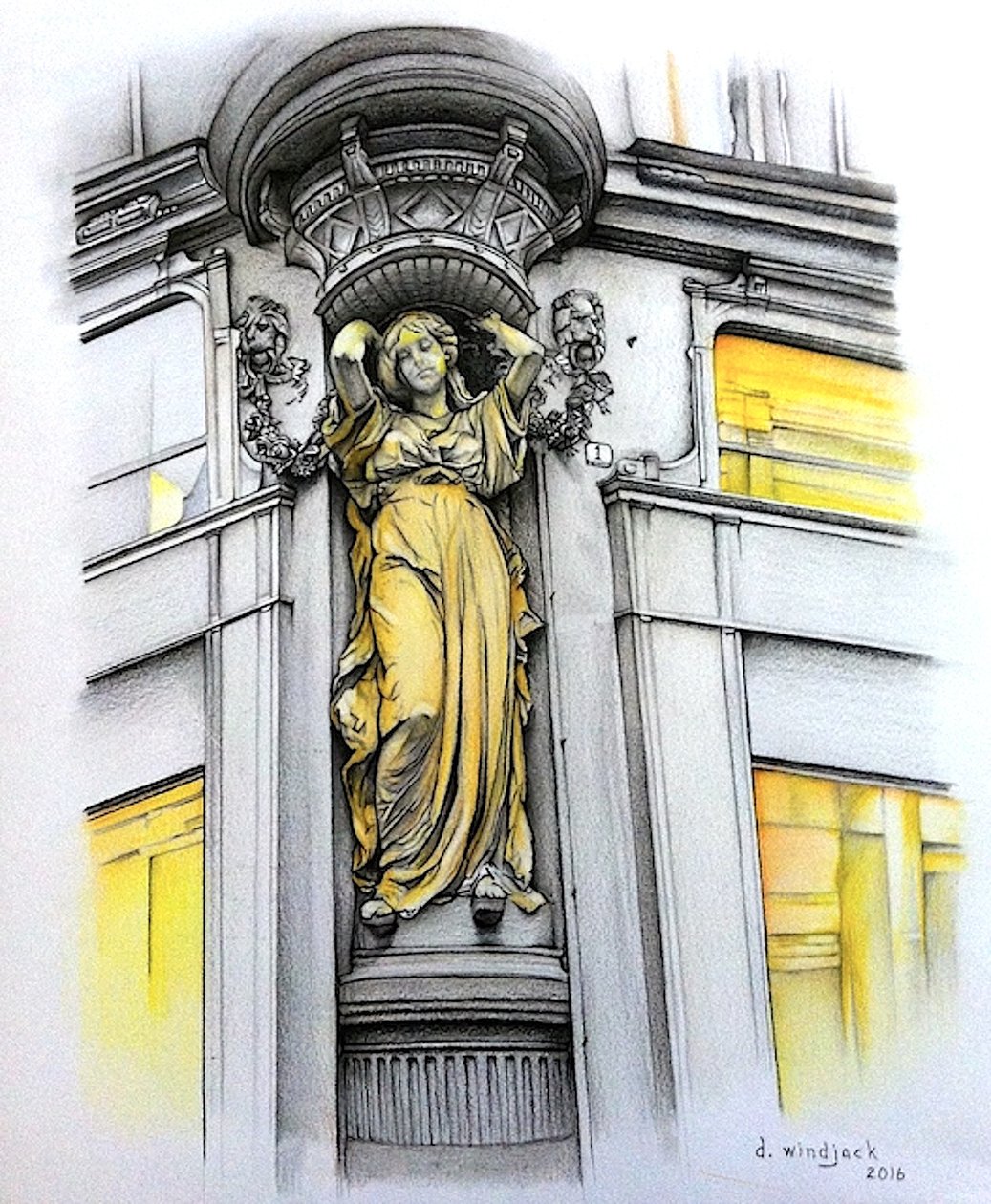Łaskawy ciężar, 2016 (ołówek, tusz na papierze) autorstwa Darrell Windjack
