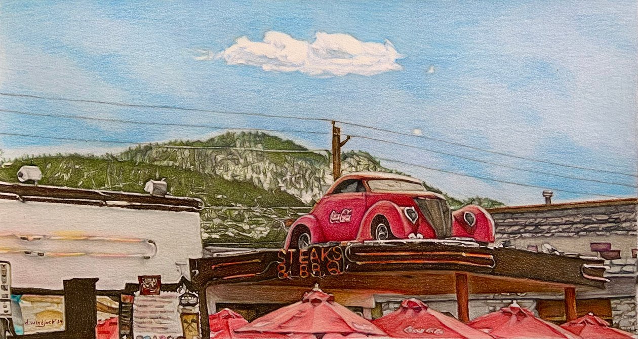 Pitstop na Route 66, 2024 (ołówek na papierze) autorstwa Darrell Windjack