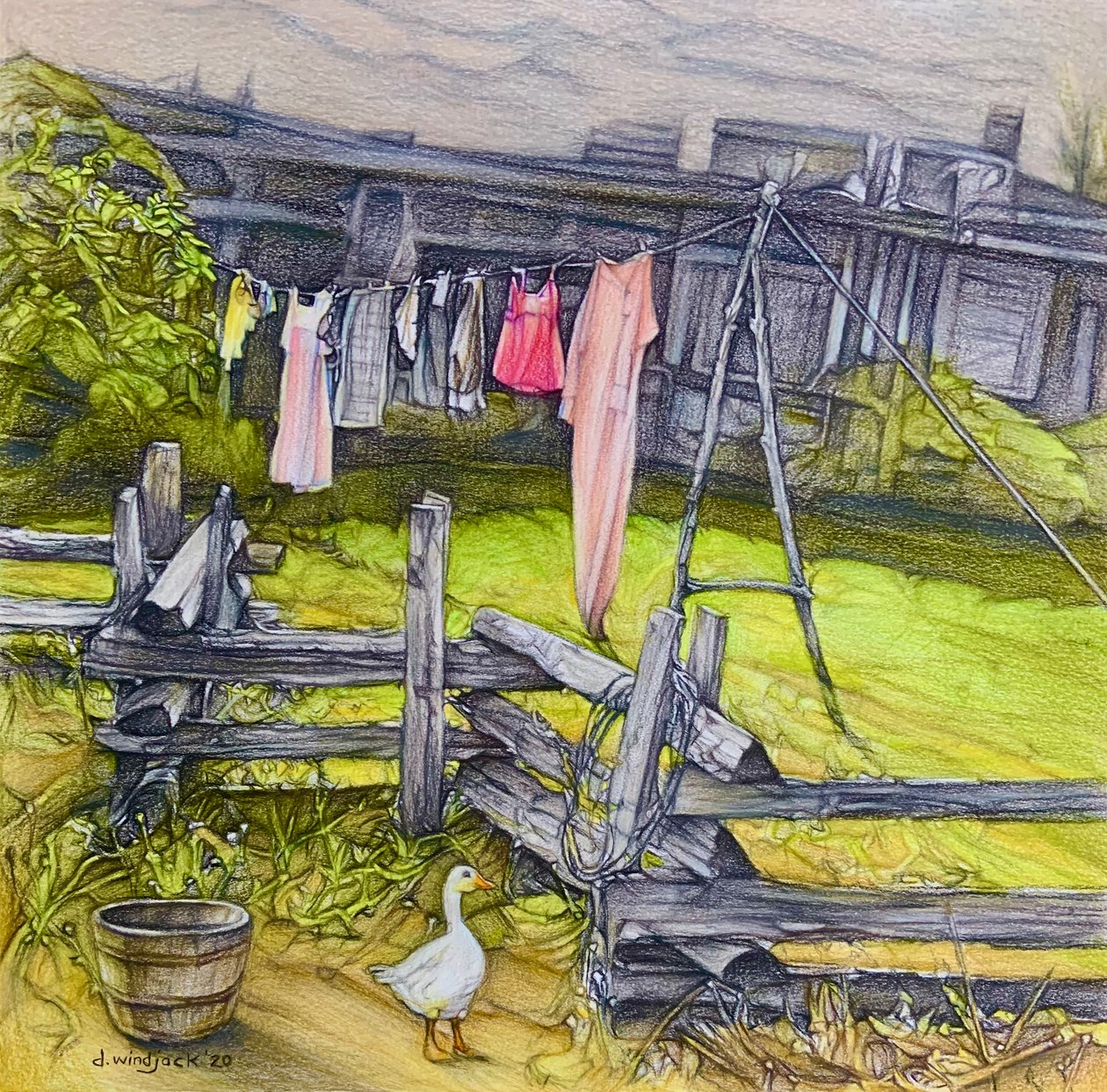 Clothesline, 2020 (ołówek na papierze) autorstwa Darrell Windjack
