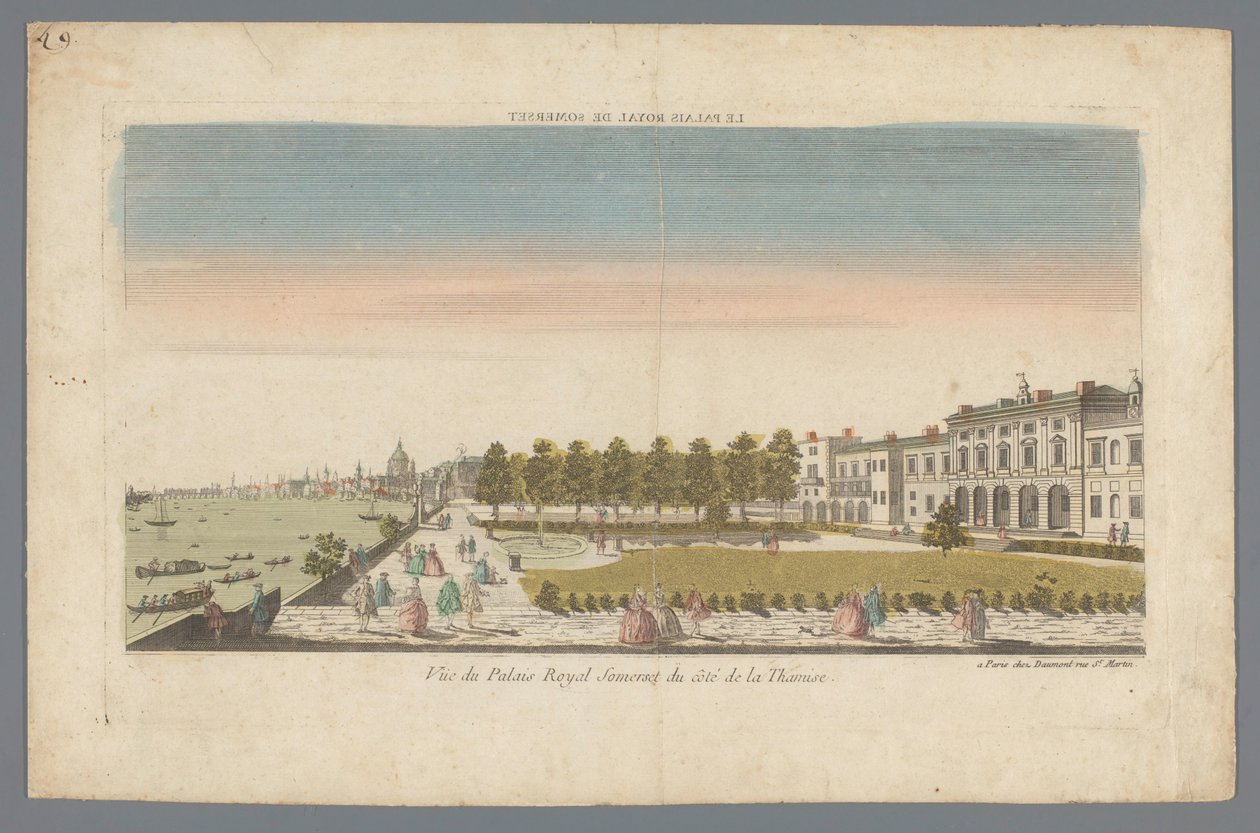 Widok na Somerset House od strony Tamizy z Londynem w tle Le Palais Royal de Somerset / Vue du Palais Royal Somerset du Côté de la Thamise (tytuł na obiekcie) autorstwa Daumont